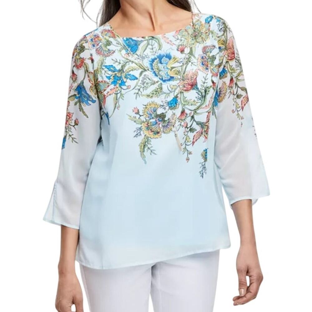 JM Collection Women's Plus Size Mariah Tassel Necklace Top in Winter Mist Blue